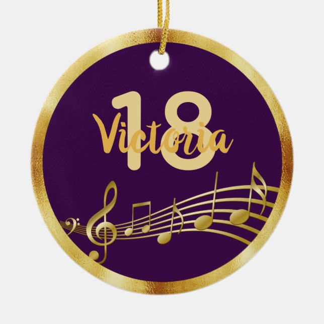18th birthday purple gold music notes name girl ceramic tree decoration (Front)