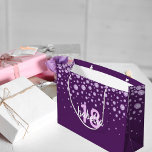 18th birthday purple monogram name diamonds large gift bag<br><div class="desc">An elegant and glamourous 18th birthday gift bag. Girly purple backdrop and faux diamonds. Templates for a name and age 18.  White and pink coloured letters.  The name is written with a hand-lettered style script.</div>