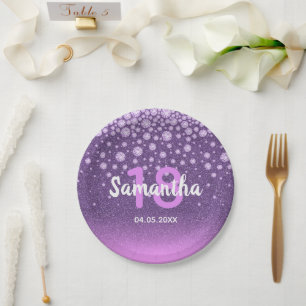 18th birthday purple pink glitter name paper plate