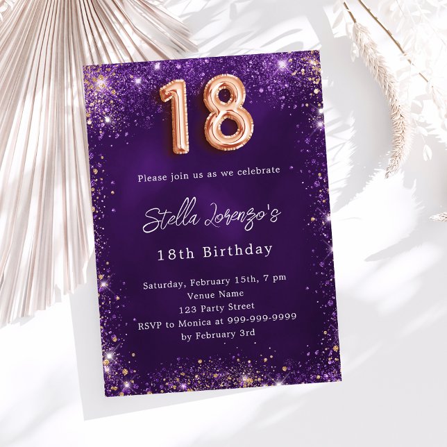 18th Birthday purple rose gold sparkles Invitation (Creator Uploaded)
