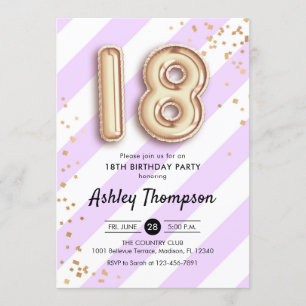 18th Birthday - Purple Stripes Gold Balloons Invitation