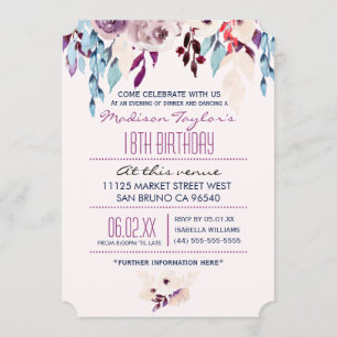 18th Birthday Purple & Turquoise Watercolor Flower Invitation