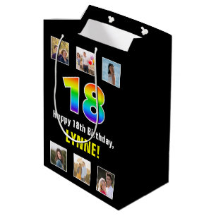 18th Birthday: Rainbow “18“, Custom Photos & Name Medium Gift Bag