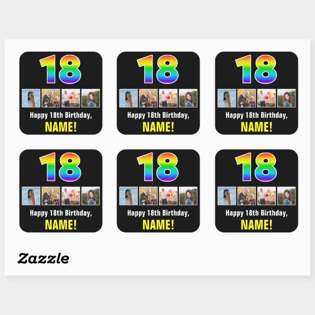 18th Birthday: Rainbow “18”; Custom Photos & Name Square Sticker (Sheet)