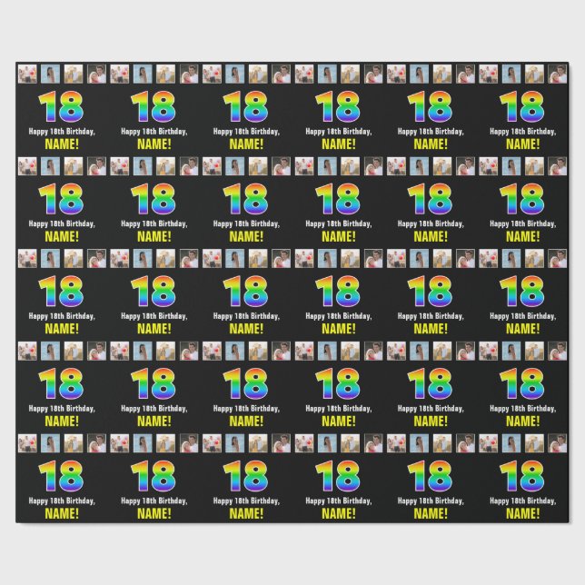 18th Birthday: Rainbow “18“; Custom Photos & Name Wrapping Paper (Seam)