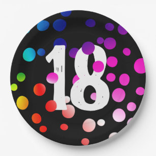 18th Birthday Rainbow Dots on Black Paper Plate