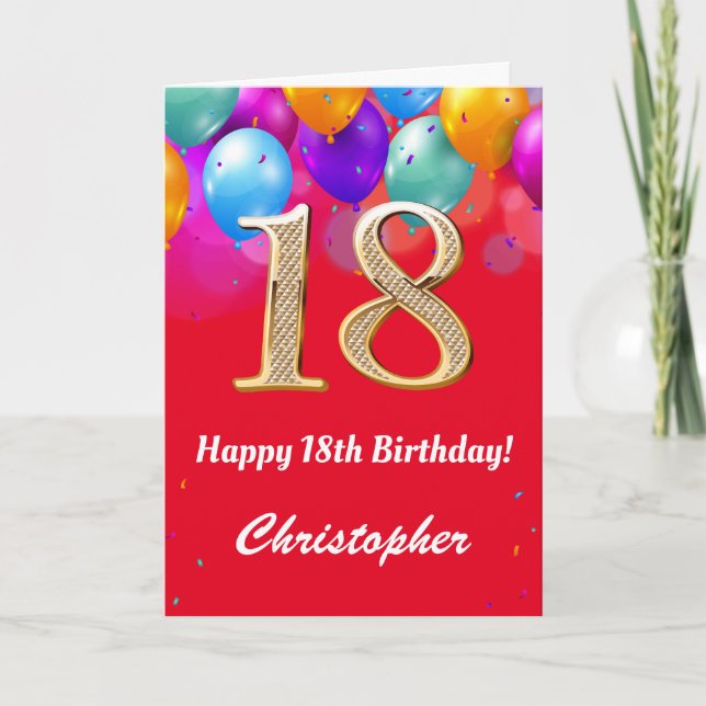18th Birthday Red and Gold Colourful Balloons Card (Front)