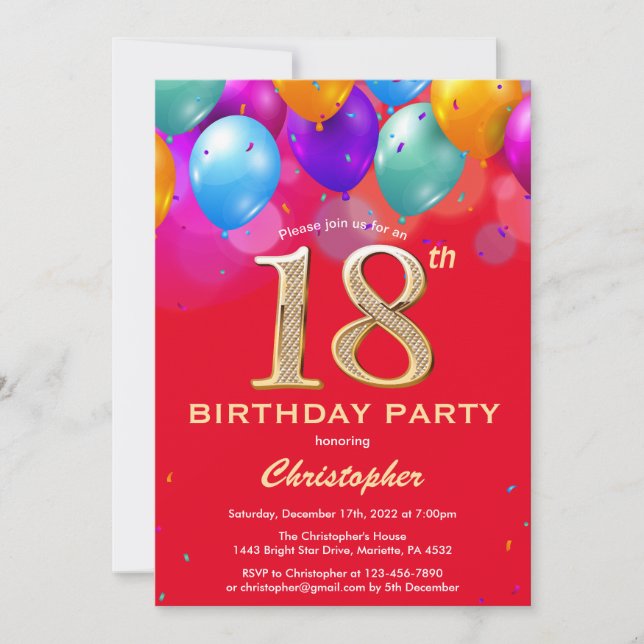 18th Birthday Red and Gold Colourful Balloons Invitation (Front)