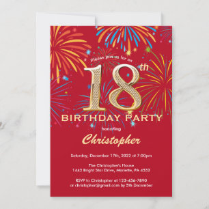 18th Birthday Red and Gold Rainbow Fireworks Invitation