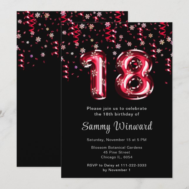 18th Birthday Red Balloons Snowflake Confetti Invitation (Front/Back)