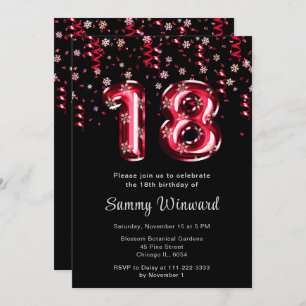 18th Birthday Red Balloons Snowflake Confetti Invitation