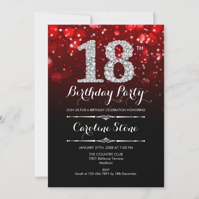 18th Birthday - Red Black Silver Invitation (Front)