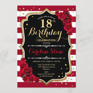 18th Birthday - Red Gold Black White Stripes Roses Invitation