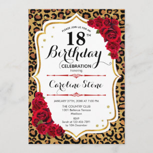 18th Birthday - Red Gold Leopard Print Invitation