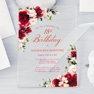 18th Birthday Red Rose Pink Peony Floral Acrylic Invitations