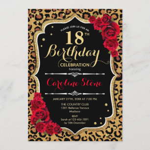 18th Birthday - Red Roses Leopard Print Invitation