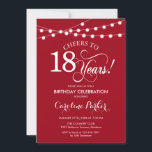 18th Birthday - Red White Invitation<br><div class="desc">18th Birthday Invitation.
Simple red and white design with fairy string lights and script font. Cheers to 18 years! Can be personalized into any age! Message me if you need further customization.</div>