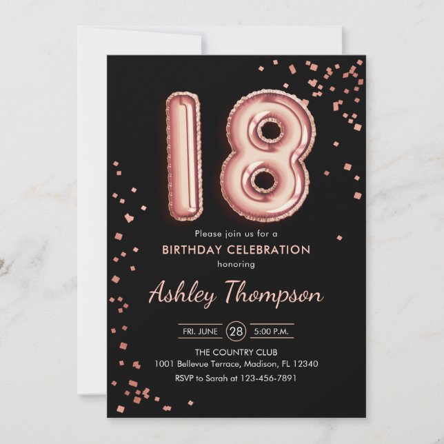 18th Birthday - Rose Gold Balloons Black Invitation (Front)