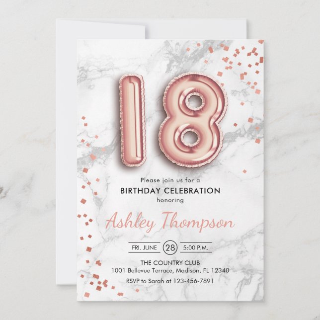 18th Birthday - Rose Gold Balloons Marble Effect Invitation (Front)