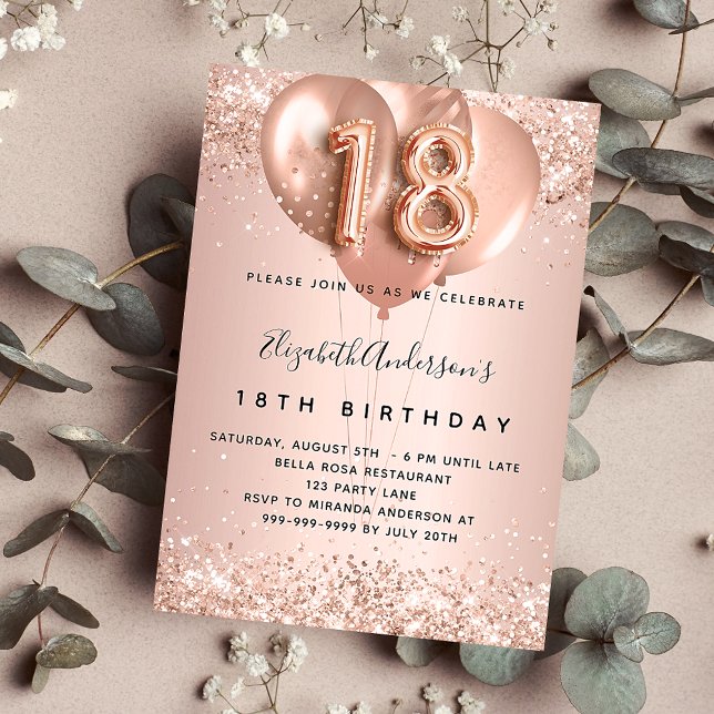 18th birthday rose gold blush balloons invitation (Creator Uploaded)