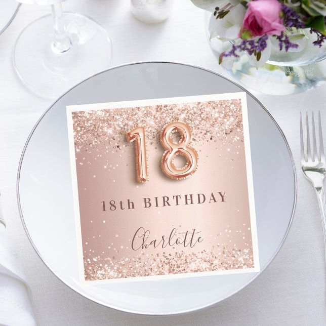 18th birthday rose gold blush glitter name napkin (Creator Uploaded)