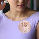 18th birthday rose gold blush glitter name tag 3 cm round badge<br><div class="desc">Elegant, classic, glamorous and girly name tag for a 18th birthday party. Rose gold and blush gradient background. Decorated with rose gold, faux glitter, sparkles. Personalize and add a name. The name is written with a modern dark rose colored hand lettered style script. Number 18 is written with a balloon...</div>