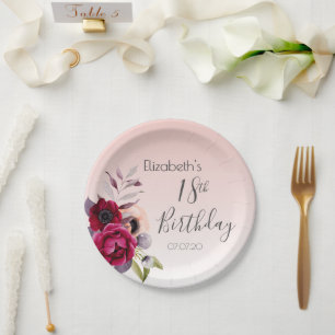 18th birthday rose gold blush pink floral paper plate