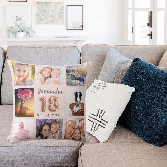 18th birthday rose gold blush pink photo collage cushion (Creator Uploaded)