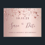 18th birthday rose gold blush stars save the date postcard<br><div class="desc">A feminine and glamourous Save the Date card for a 18th birthday party 18 years old. A feminine pink, rose gold faux metallic looking background decorated with faux rose gold sparkling stars. Templates for a date and your text. Dark rose gold coloured letters. The text: Save the Date is written...</div>