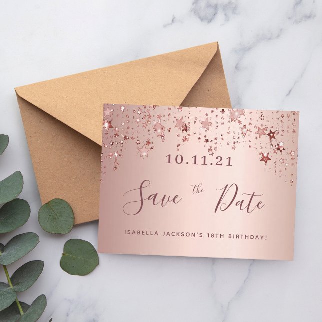 18th birthday rose gold blush stars save the date postcard (Creator Uploaded)