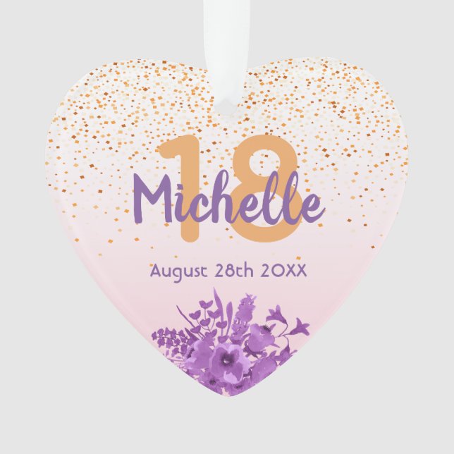 18th birthday rose gold confetti purple flowers ornament (Front)