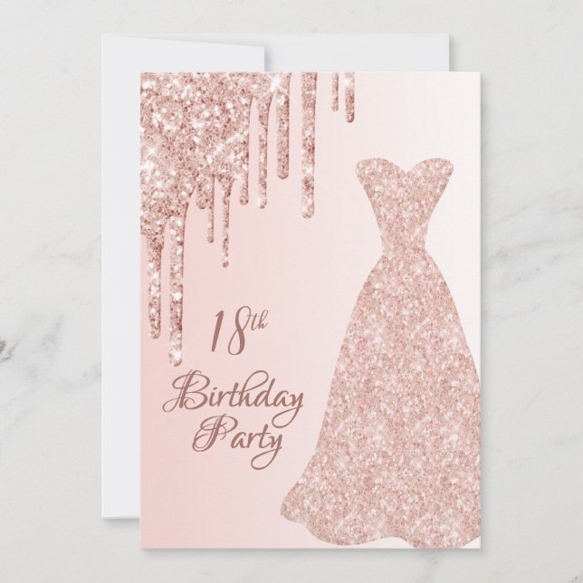 18th birthday rose gold dress glitter drip invitation (Front)