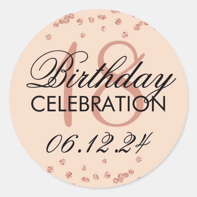 18th Birthday Rose Gold Faux Glitter Confetti Classic Round Sticker (Front)