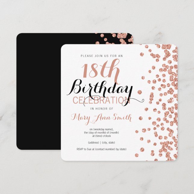 18th Birthday Rose Gold Faux Glitter Confetti Invitation (Front/Back)