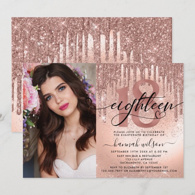 18th Birthday Rose Gold Foil & Glitter Photo Invitation (Front/Back)