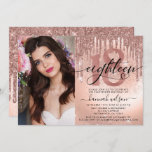 18th Birthday Rose Gold Foil & Glitter Photo Invitation<br><div class="desc">Modern,  trendy 18th birthday party invitation. Design features single photo,  typography script,  rose gold glitter drips,  faux foil and sparkly glitter background,  number 18 in trendy rose gold lettering and party details.</div>