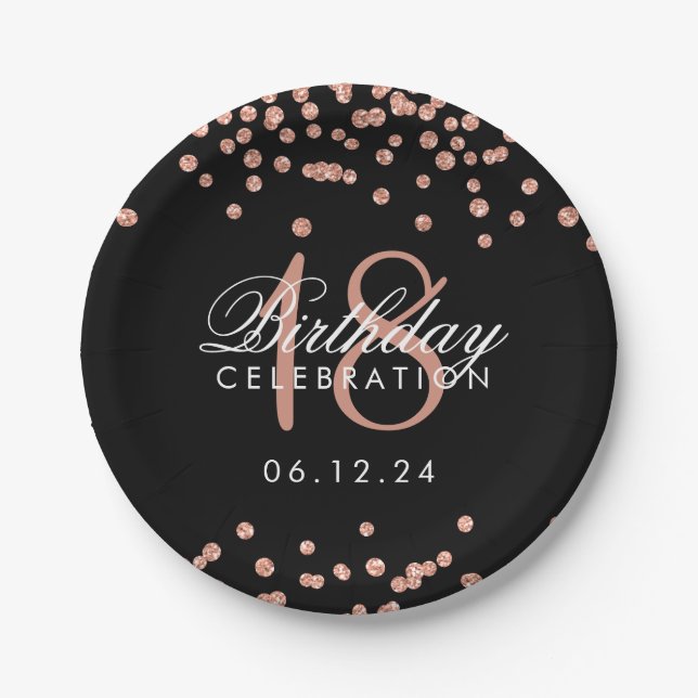 18th Birthday Rose Gold Glitter Confetti Black Paper Plate (Front)