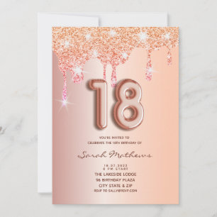 18th Birthday Rose Gold Glitter Foil Balloon Invit Invitation