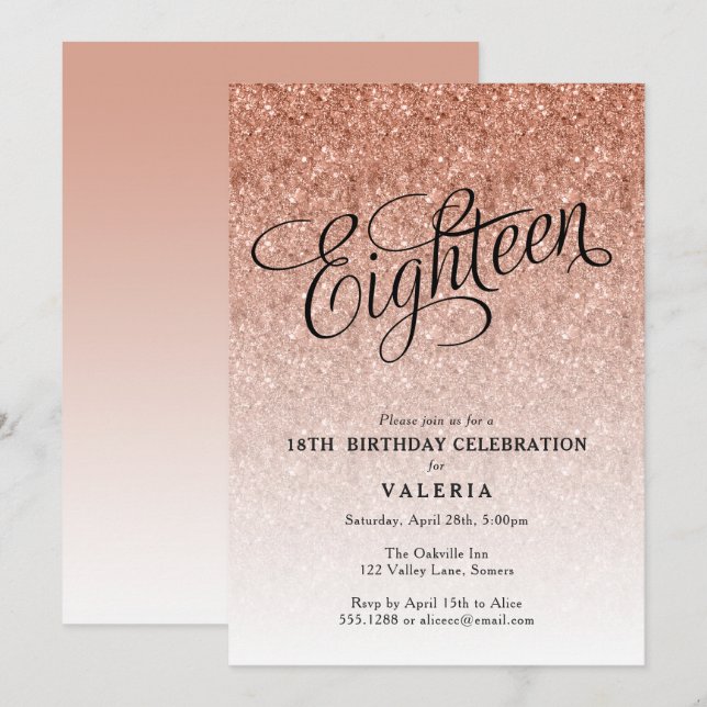 18th Birthday Rose Gold Glitter Invitation (Front/Back)