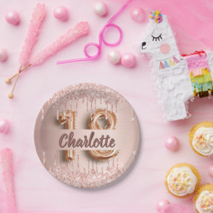 18th birthday rose gold glitter monogram luxury paper plate