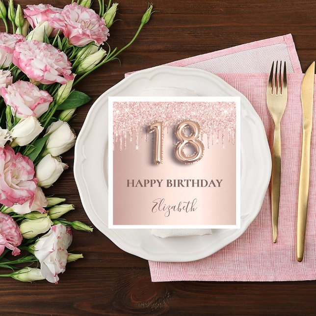 18th birthday rose gold glitter pink balloon style napkin (Creator Uploaded)