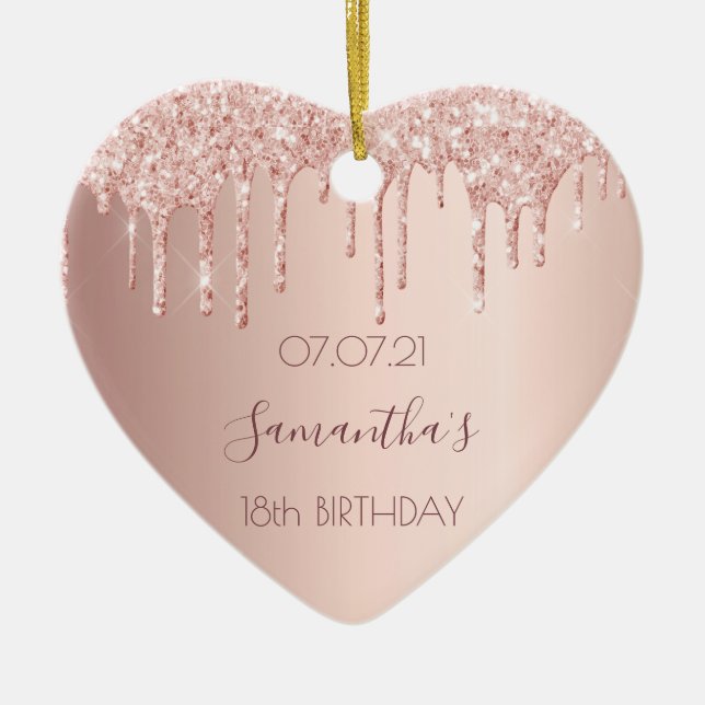 18th birthday rose gold glitter pink heart ceramic tree decoration (Front)
