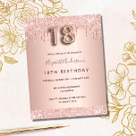 18th birthday rose gold glitter pink invitation postcard<br><div class="desc">A modern, stylish and glamourous invitation for a girl's 18th birthday party. A faux rose gold metallic looking background with an elegant faux rose gold glitter drip, paint drip look. The name is written with a modern dark rose gold coloured hand lettered style script. Personalise and add your party details....</div>