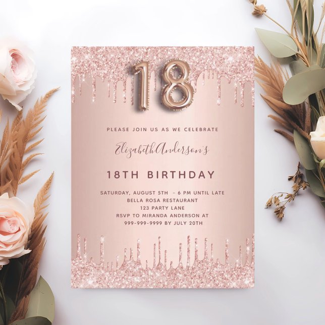18th Birthday rose gold glitter pink luxury Invitation Postcard (Creator Uploaded)