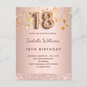 18th birthday rose gold pink balloon script stars postcard