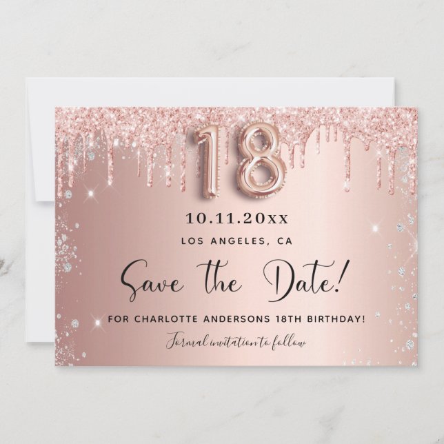 18th birthday rose gold silver save the date card (Front)