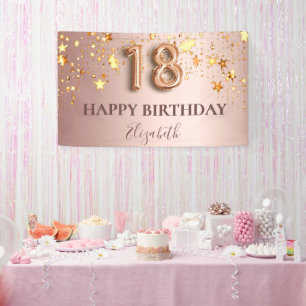 18th birthday rose gold stars pink balloon script banner