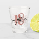 18th Birthday Rose Gold Typography Shot Glass<br><div class="desc">Modern 18th birthday typography rose gold shot glass. Design features number 18 in rose gold colour,  typography script eighteen. Personalise with a name. Perfect 18th birthday gift.</div>