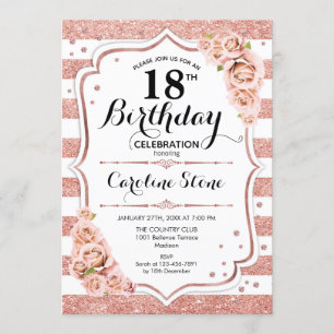 18th Birthday - Rose Gold White Stripes Invitation