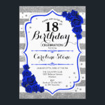 18th Birthday - Royal Blue Silver White Stripes Invitation<br><div class="desc">18th Birthday Invitation.
Elegant design in faux glitter silver,  white and royal blue. Features stylish script fort,  stripes and blue roses. Perfect for an elegant birthday party. Can be customized into any age.</div>
